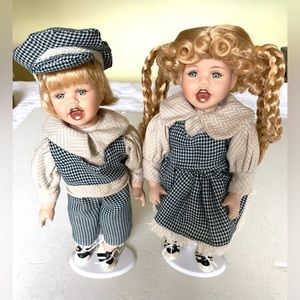 Collectible 2 porcelain dolls 14” high twins blond girl & boy dolls blue eyes